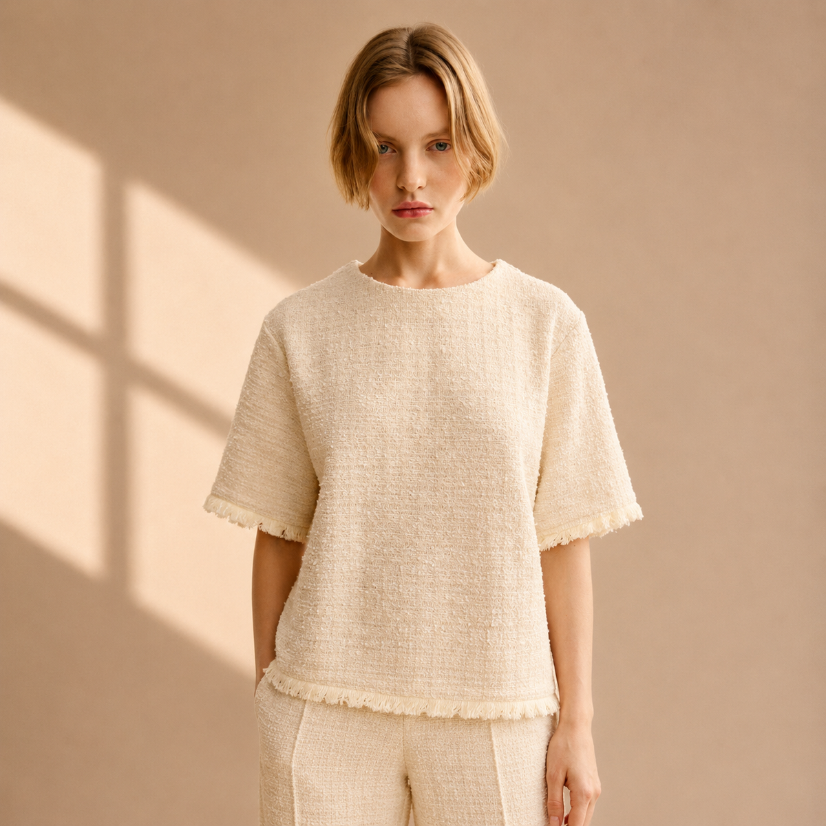 Bouclé-Knit Fringe Top